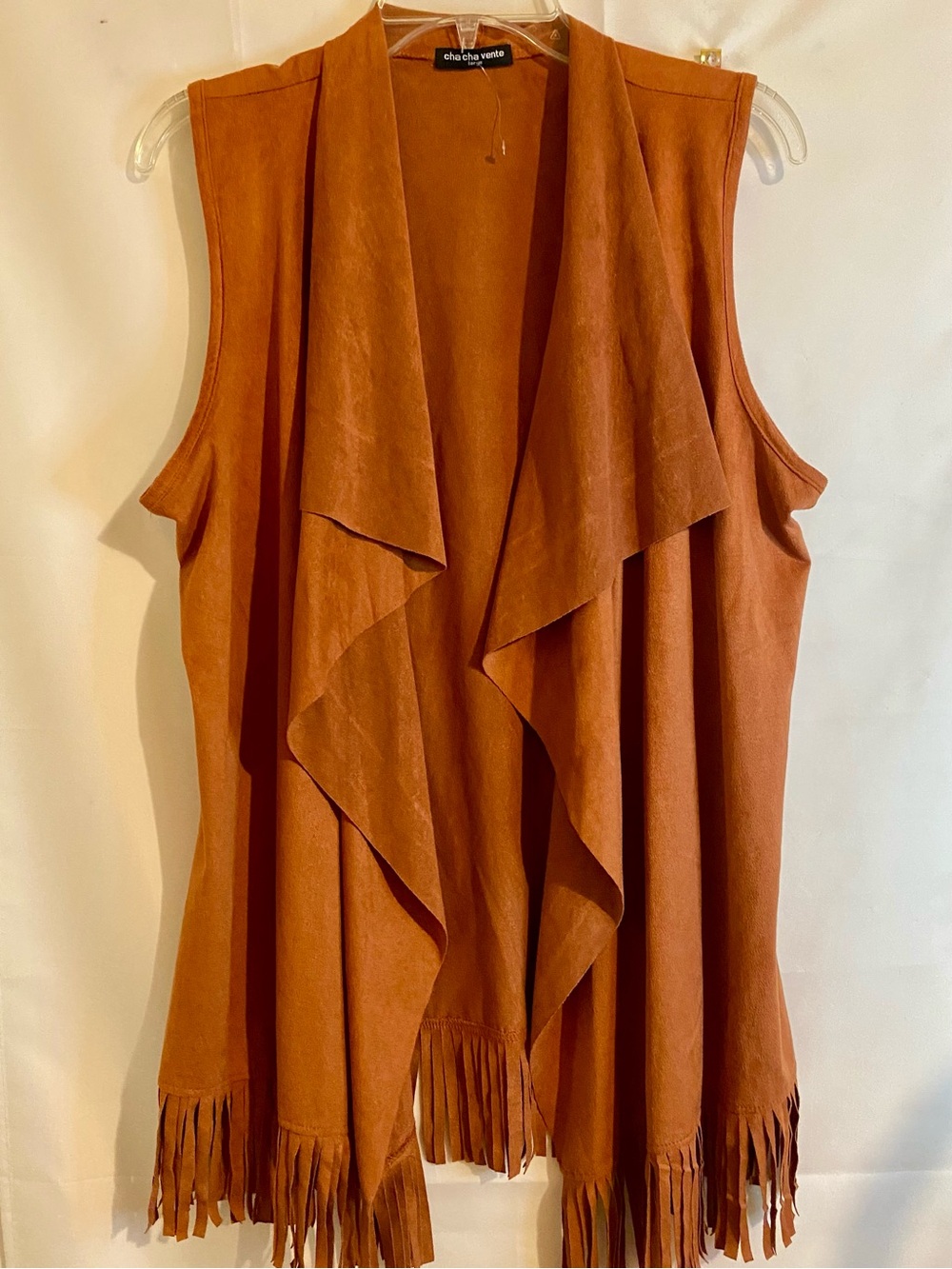 Cha Cha Vente Rust Brown Suede-Look Fringe Sleeveless Drape Vest